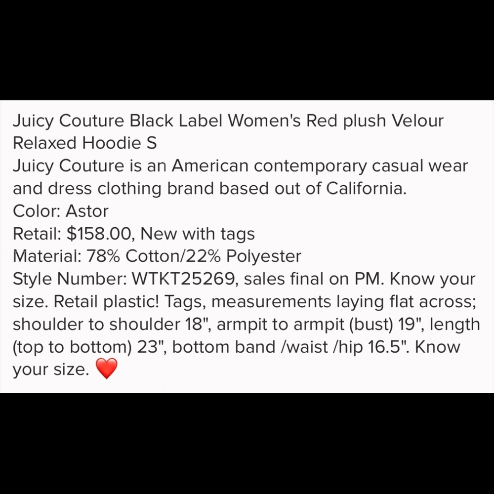 JUICY COUTURE RED HOODIE TOP BLACK LABEL SM - Picture 5 of 8